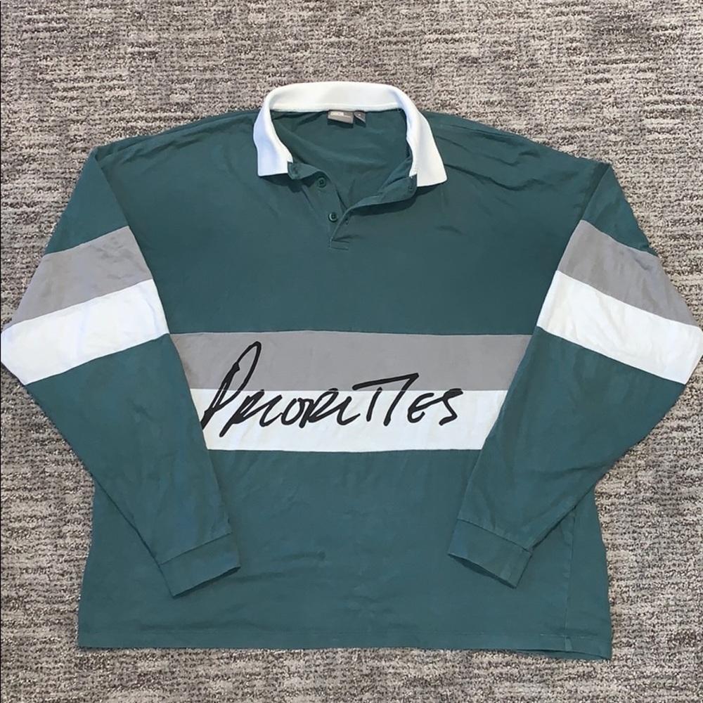Oversized long sleeve polo w/ color block & text